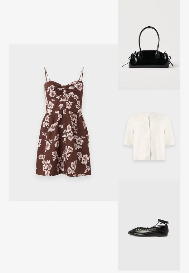 Cardigan en maille crème à manches courtes avec col rond et cinq boutons sur le devant, sur un fond clair uni.; Robe marron sans manches avec fines bretelles, boutons à l'avant et motif floral blanc, avec un buste froncé et une jupe évasée.; Ballerines en cuir verni noir avec un bout rond, un design à lacets et une semelle plate. Texture lisse avec peu de détails.; Petit sac à main noir brillant avec deux longues anses et des détails à cordon sur les côtés sur un fond clair uni.