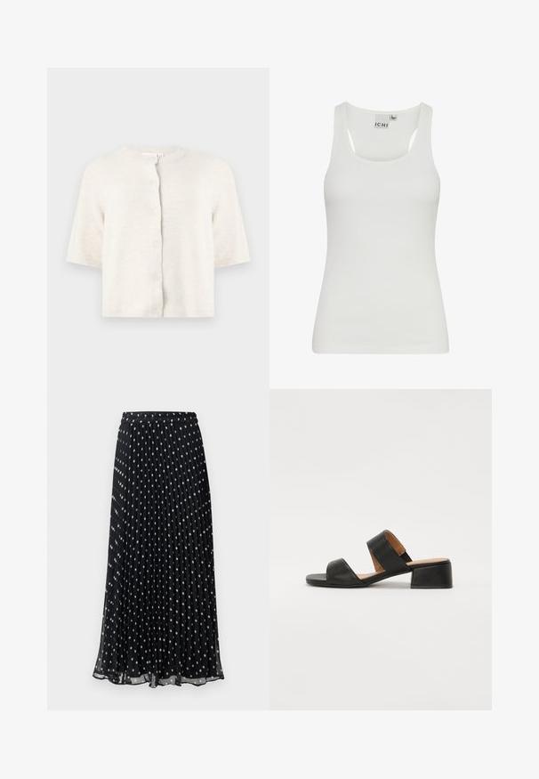 Kremfarvet strikket cardigan med korte ærmer, rund hals og fem knapper foran mod en ensartet lys baggrund.; Hvid ribbet tanktop med en rund halsudskæring og brede stropper. Blødt stof med en tætsiddende pasform, mærket synligt indeni nær kraven.; Sort plisseret nederdel med hvide polkaprikker, har elastik i taljen og et flydende design, lavet af letvægtsstof.; Sort lædersandal med to brede stropper over foden, en firkantet tå og en lav blokhælhøjde. Glat tekstur og minimalistisk design.
