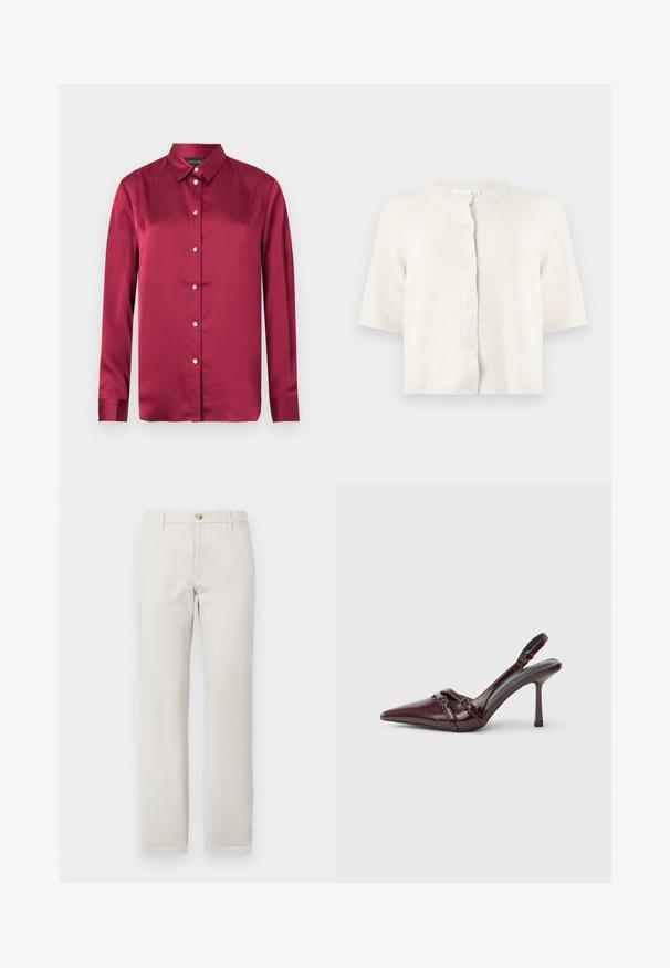 Cardigan en maille crème à manches courtes avec col rond et cinq boutons sur le devant, sur un fond clair uni.; Blouse en satin bordeaux à manches longues, col pointu et boutons décoratifs dorés sur le devant.; Pantalons beiges à jambes droites avec passants de ceinture, fermeture à bouton à l'avant et braguette zippée sur fond blanc uni.; Escarpin slingback en cuir verni bordeaux avec bout pointu, fine bride à la cheville et petit détail décoratif de boucle. Texture lisse et talon haut.