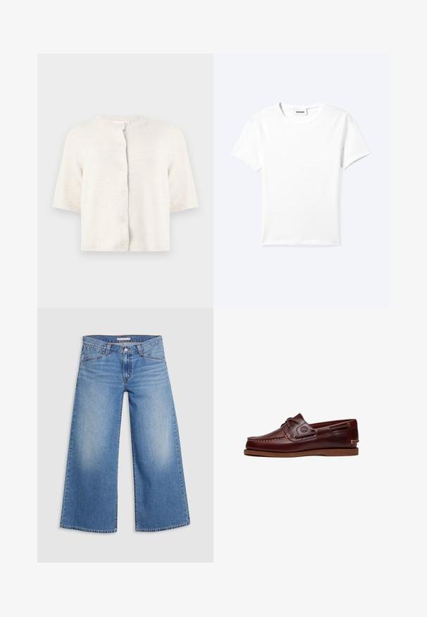 Roomkleurige korte mouwen gebreide cardigan met ronde hals en vijf knopen aan de voorkant tegen een effen lichte achtergrond.; Effen wit T-shirt met korte mouwen en ronde hals met een klein "WEEKDAY" label aan de binnenkant van de hals, plat neergelegd op een lichte achtergrond.; Lichtblauwe wijde denim jeans met een hoge taille, klassieke vijf-pocket design en subtiele vervaging langs de benen.; Bruine leren boot schoen met veters, stiksel details en Timberland-logo aan de zijkant, weergegeven op een witte achtergrond.