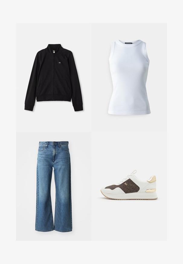 Black zip-up jacket with a stand collar, two front pockets, ribbed cuffs, and a small logo on the left chest. Made of soft, smooth fabric.; White sleeveless top made of ribbed fabric, featuring a round neckline and a fitted silhouette. Smooth texture, no visible patterns or accents.; Wide-leg blue denim jeans with a mid-rise waistband, five pockets, and subtle fading. Features include belt loops and stitched detailing.; White sneakers with brown patterned fabric panel, gold hardware accents, round toe, lace-up design, and textured rubber sole.