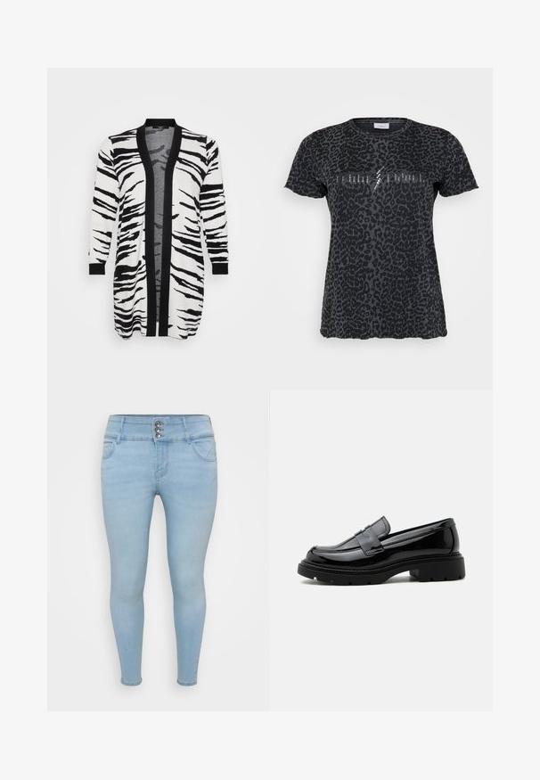 Pikk kardigan, millel on musta ja valge zebra triibuline muster, must äär avatud ees ja varrukatel. Tekstuuriga kangas.; ONLY Carmakoma CARMIKO WASHED SS REG TEE JRS - Trükipildiga T-särk - phantom; Heledsinised kitsad teksad, mis on valmistatud denimist. Omavad kolme nupuga sulgemist, kahte eesmist taskut ja sujuvat tekstuuri.; Mustast läikivast nahast loafer paksu kummitud tallaga ja penny-rihmaga, külgprofiilis, valgel taustal.