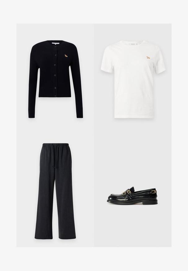 Sort langærmet cardigan med knapper og ribbede manchetter og kant, der har et lille orange rævlogo på venstre bryst.; Hvid kortærmet T-shirt med rund hals og en lille broderet orange ræv på venstre bryst.; Sorte, vide benbukser lavet af blødt stof med elastisk talje og snøre. Har en glat overflade og ingen synlige mønstre.; Sorte læder loafers med en blank finish, der har to guldspænder og en lav hæl. Glat tekstur med rund tådesign.