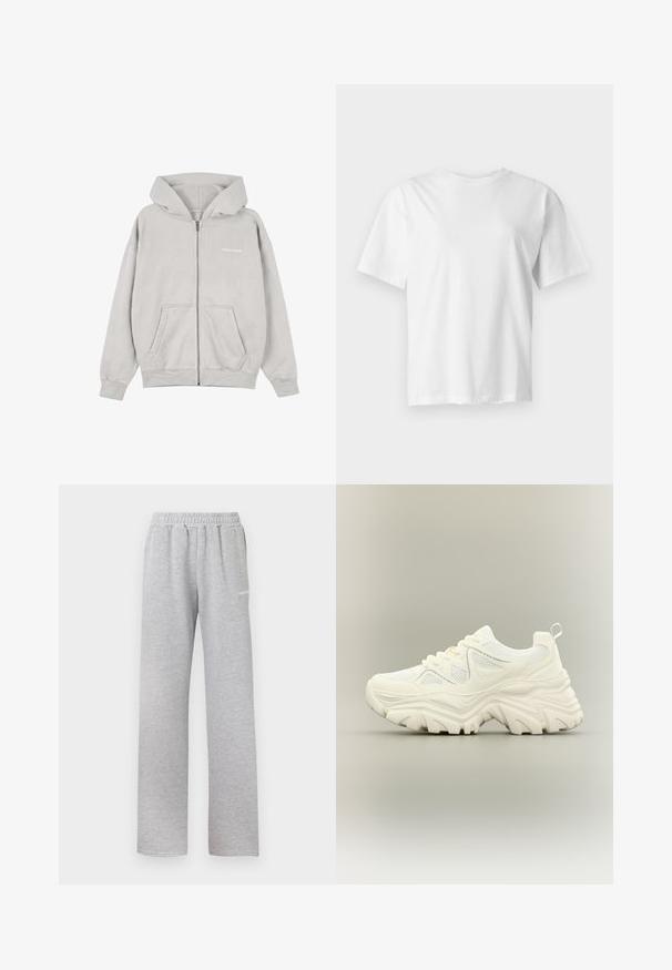 Lysegrå hættejakke med lynlås, forlommer og hætte, med lille hvid tekstlogo på venstre bryst.; Hvid kortærmet rundhalset t-shirt vist fladt på en lys grå baggrund.; Lys grå sweatpants med elastisk talje, lige ben design og et lille hvidt logo på venstre lår. Blødt, tekstureret stof.; Hvid chunky sneaker med tyk tekstureret sål, mesh paneler, snørelukning foran og trækstrop ved hælen på en neutral baggrund.