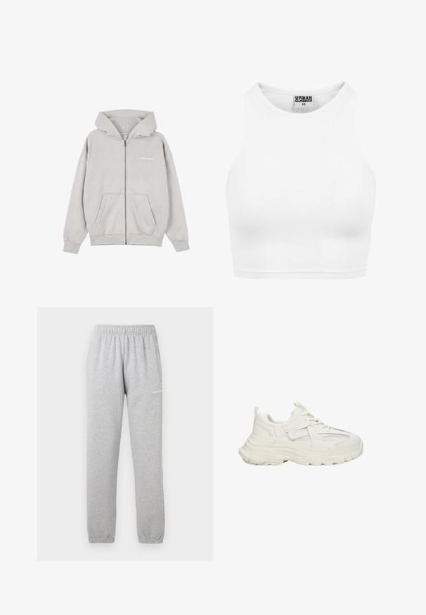 Lichtgrijze zip-up hoodie met voorzakken en capuchon, met klein wit tekstlogo op de linkerborst.; Witte geribde cropped tanktop met hoge halslijn en "Urban Classics XS" label aan de binnenkant van de kraag.; Grijze joggingbroek van zachte stof, met een elastische tailleband, geribbelde enkels en een zijzak. Logo gedrukt op de linkerdij.; Robuuste witte sneakers met een textuur bovenkant met mesh details, dikke rubberen zool, ronde neus en decoratieve accenten aan de zijkanten.