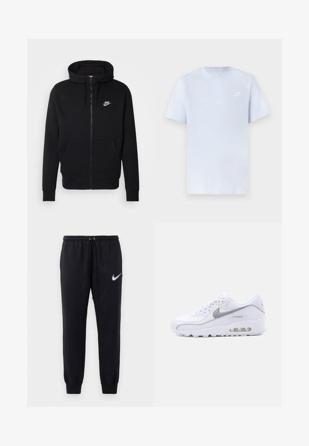 Sort hættejakke med lynlås lavet af blødt stof, med en lomme foran, snøre i hætten og hvidt Nike-logo på brystet.; Lyseblå bomulds t-shirt med korte ærmer, rund hals og et hvidt Nike-logo trykt på venstre bryst. Glat tekstur, simpelt design.; Sorte Nike sweatpants med elastisk talje og snoretræk. Har indsnævrede ben og et hvidt broderet logo på venstre lår.; Hvid og grå Nike Air Max sneaker med synlig luftpolstring i sålen, mesh- og læderoverdel samt Nike-swoosh på siden.