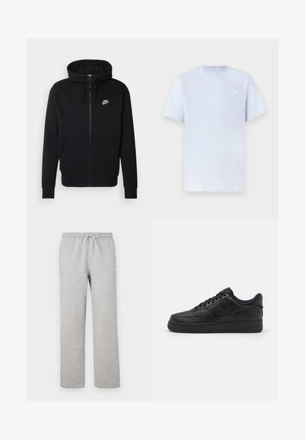 Sort hættejakke med lynlås lavet af blødt stof, med en lomme foran, snøre i hætten og hvidt Nike-logo på brystet.; Lyseblå bomulds t-shirt med korte ærmer, rund hals og et hvidt Nike-logo trykt på venstre bryst. Glat tekstur, simpelt design.; Grå joggingbukser med elastisk talje og snor. Fremstillet af blødt stof, de har lige ben og diskret logodetalje.; Nike Sportswear AIR FORCE 1 07 FLYEASE - Sneakers - black