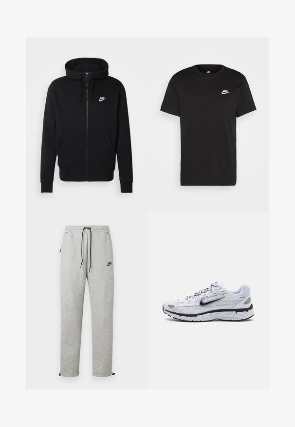 Sort hættejakke med lynlås lavet af blødt stof, med en lomme foran, snøre i hætten og hvidt Nike-logo på brystet.; Sort bomuld T-shirt med korte ærmer, rund hals og et lille hvidt Nike-logo på den øverste venstre bryst. Glat tekstur. Klassisk pasform.; Grå Nike sweatpants med snøre i taljen, sidelommer og elastiske manchetter. Har en glat overflade og kontrastfarvet sort logo-detalje.; Hvide løbesko med mesh-overdel, rund tå, sorte accenter og mønstret sål. Har snøring og branding på siden.