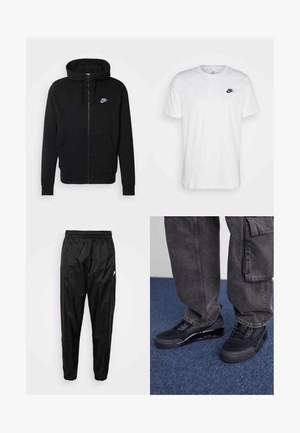 Zwarte rits hoodie van zachte stof, met een voorzak, trekkoord capuchon en wit Nike-logo op de borst.; Witte katoenen t-shirt met ronde hals, korte mouwen en een zwart Nike-logo op de linkerkant van de borst. Eenvoudig, effen kleur ontwerp.; Zwarte trainingsbroek van lichtgewicht, glanzend materiaal met een elastische tailleband, een taps toelopende pasvorm en ritszakken. Kenmerkt zich door een logoaccent.; Zwarte sportieve schoenen met een gestructureerd oppervlak, gladde accenten en een chunky zool, gecombineerd met donkere, loszittende cargo pants.