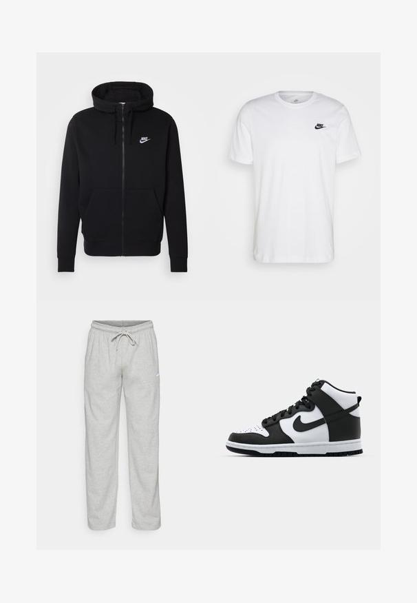 Sort hættejakke med lynlås lavet af blødt stof, med en lomme foran, snøre i hætten og hvidt Nike-logo på brystet.; Hvid bomulds T-shirt med rund hals, korte ærmer og et sort Nike-logo på venstre bryst. Enkel, ensfarvet design.; Lys grå sweatpants lavet af blødt stof. Har en elastisk talje med snøre og Nike-logo i sort på venstre lår.; Sort og hvid høj-top sneakers med læderoverdel, perforeret tåboks, fremtrædende swoosh-logo og struktureret gummisål.