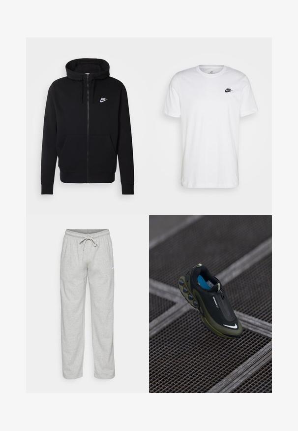 Zwarte rits hoodie van zachte stof, met een voorzak, trekkoord capuchon en wit Nike-logo op de borst.; Witte katoenen t-shirt met ronde hals, korte mouwen en een zwart Nike-logo op de linkerkant van de borst. Eenvoudig, effen kleur ontwerp.; Lichtgrijze sweatpants van zachte stof. Heeft een elastische tailleband met trekkoord en een zwart Nike-logo op de linker bovenbeen.; Zwarte en olijfgroene Nike Air Max-schoen met een gladde bovenkant, ritssluiting en onderscheidende luchtkussens op de zool. Blauwe binnenzool zichtbaar.