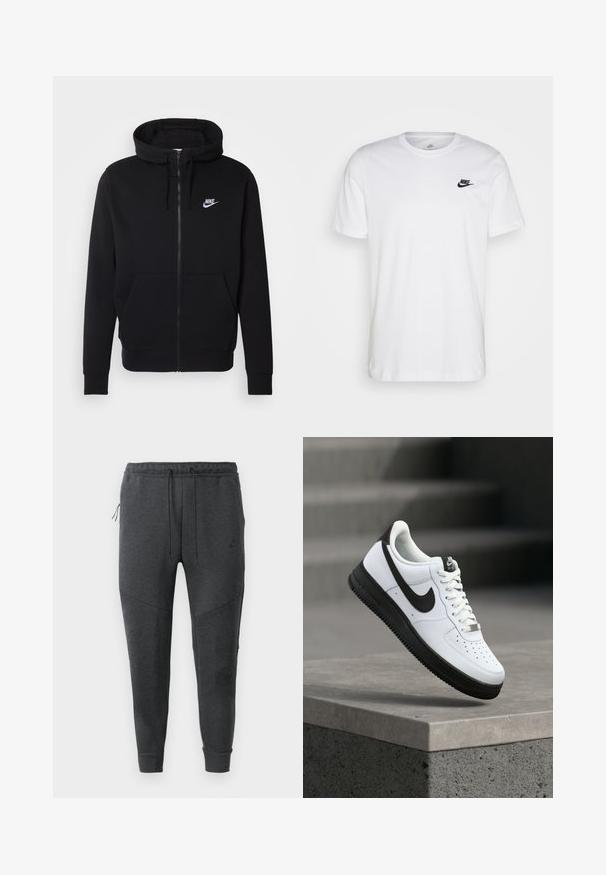 Schwarze Zip-Hoodie aus weichem Material, mit einer vorderen Kängurutasche, verstellbarem Kapuzenzug und weißem Nike-Logo auf der Brust.; Weißes Baumwoll-T-Shirt mit Rundhalsausschnitt, kurzen Ärmeln und einem schwarzen Nike-Logo auf der linken Brust. Einfaches, einfarbiges Design.; Dunkelgraue Nike Jogginghosen mit Kordelzugbund, seitlichem Reißverschlusstaschen, schmal zulaufenden Beinen und gerippten Bündchen auf einem weißen Hintergrund.; Weißer Ledersneaker mit schwarzen Akzenten, abgerundetem Zehenbereich und perforierten Details. Schwarze Gummisohle mit strukturiertem Muster und Schnürverschluss.