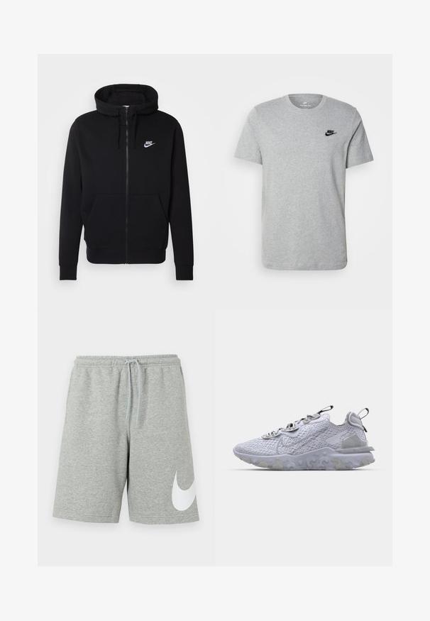 Sudadera negra con cremallera hecha de tela suave, que cuenta con un bolsillo frontal tipo pouch, capucha con cordón y el logotipo blanco de Nike en el pecho.; Camiseta de manga corta gris de algodón, con un logo negro de Nike en el pecho y un cuello redondo. Diseño minimalista sin patrones.; Pantalones cortos deportivos gris claro con cintura elástica, cordón ajustable y un gran logotipo blanco de Nike Swoosh en la parte inferior de la pierna izquierda.; Zapatilla deportiva de color gris claro con parte superior de malla transpirable, suela de goma texturizada y acentos reflectantes. Cuenta con un cuello acolchado y diseño de cordones.