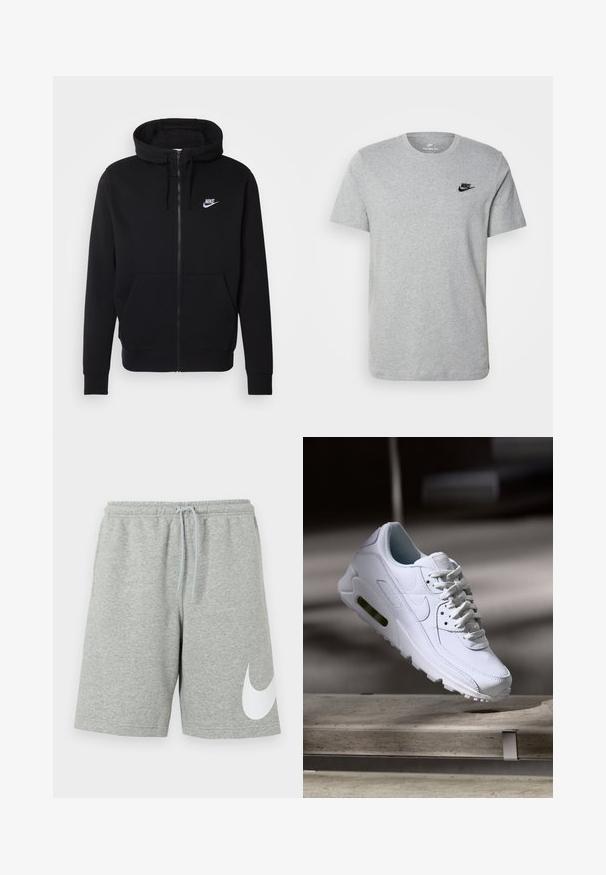 Sort hættejakke med lynlås lavet af blødt stof, med en lomme foran, snøre i hætten og hvidt Nike-logo på brystet.; Grå kortærmet T-shirt i bomuld med et sort Nike-logo på brystet og rund halsudskæring. Minimalistisk design uden mønstre.; Lysegrå atletikshorts med elastisk linning, snøre og stort hvidt Nike-swoosh-logo på nederste venstre ben.; Hvide lædersneakers med teksturerede overflader, polstret krave og synlig luftpolstring i sålen. Har snørrebånd og et minimalistisk design.
