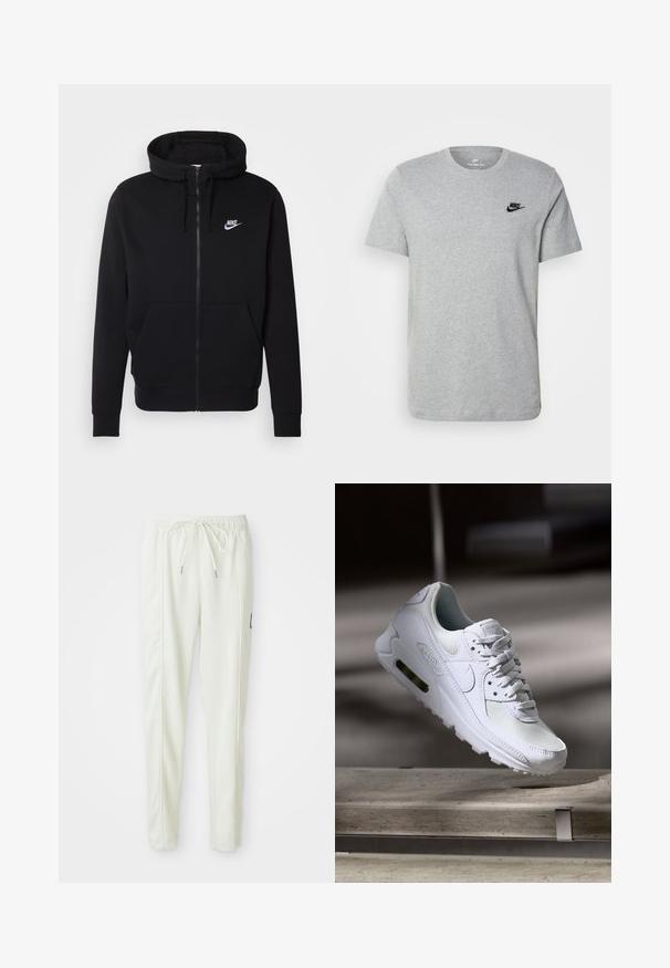 Schwarze Zip-Hoodie aus weichem Material, mit einer vorderen Kängurutasche, verstellbarem Kapuzenzug und weißem Nike-Logo auf der Brust.; Graues T-Shirt mit kurzen Ärmeln aus Baumwolle, mit einem schwarzen Nike-Logo auf der Brust und einem runden Ausschnitt. Minimalistisches Design ohne Muster.; Weiße, körpernahe Jogginghose mit elastischem Bund und Kordelzug, ausgestattet mit seitlichen Nähten und einem kleinen schwarzen Patch am rechten Bein.; Weiße Nike Air Max 90 Sneaker mit einem Obermaterial aus Mesh und Leder, durchlässigem Zehenbereich und einer sichtbaren Air-Einheit in der Ferse.