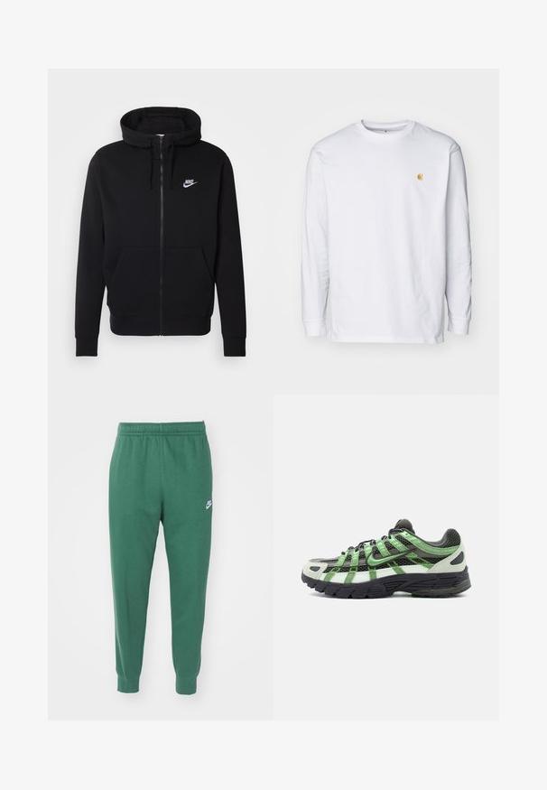 Zwarte rits hoodie van zachte stof, met een voorzak, trekkoord capuchon en wit Nike-logo op de borst.; Witte lange mouwen t-shirt van katoen. Voorzien van een klein gouden logo op de borst en een ronde hals. Eenvoudig ontwerp en standaard pasvorm.; Nike Sportswear CLUB JGGR - Trainingsbroek - fir/white; Zwart-witte hardloopschoen met groene accenten, bovenwerk van mesh en dikke zwarte zool, zijaanzicht op witte achtergrond.