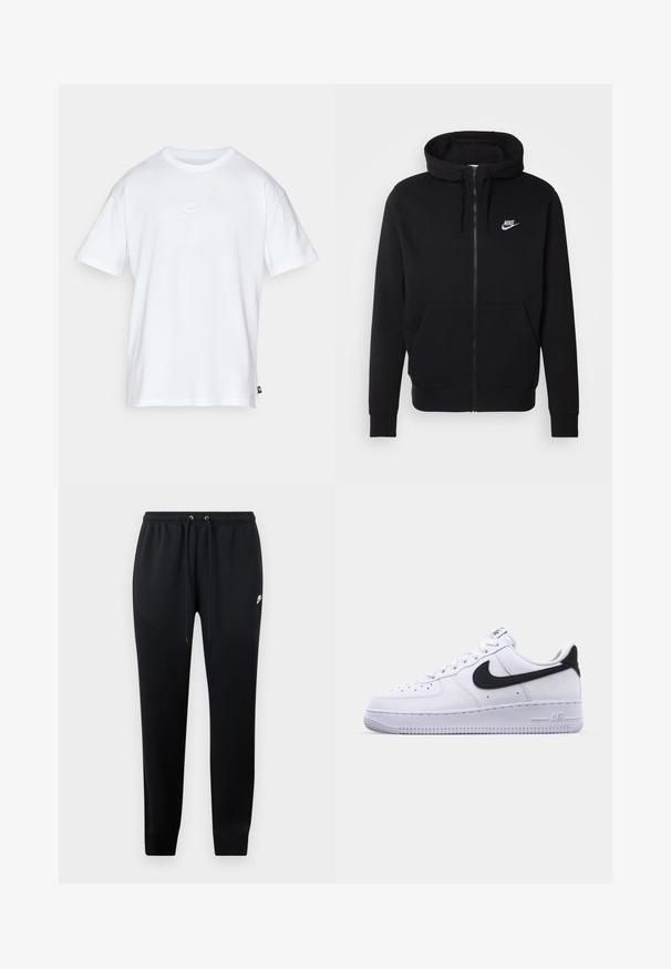 Sort hættejakke med lynlås lavet af blødt stof, med en lomme foran, snøre i hætten og hvidt Nike-logo på brystet.; Hvid bomulds T-shirt med korte ærmer og rund hals. Har et lille, diskret Nike-logo på brystet og et sidelabel.; Sorte sweatshirtbukser lavet af blødt stof, med elastisk talje og snoretræk, ribbede ankler og en lille logo-detalje på siden.; Hvide lædersneakers med en struktureret sort Swoosh, flade snørebånd og en gummisål med et rillemønster. "AIR" er præget på hælen.