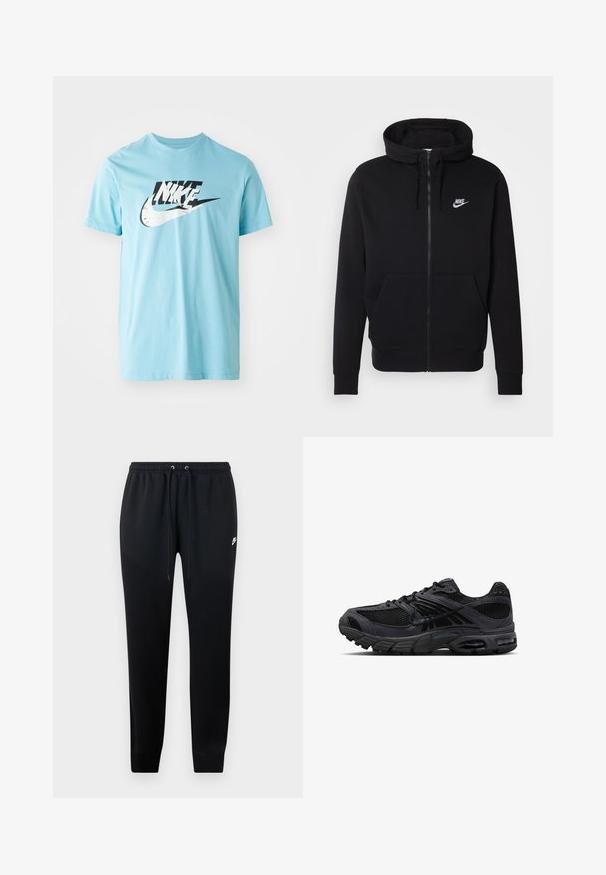 Schwarze Zip-Hoodie aus weichem Material, mit einer vorderen Kängurutasche, verstellbarem Kapuzenzug und weißem Nike-Logo auf der Brust.; Helles blaues Baumwoll-T-Shirt mit Rundhalsausschnitt und kurzen Ärmeln. Auf der Vorderseite befindet sich ein großes schwarz-weißes Nike-Logo-Design.; Schwarze Jogginghose aus weichem Stoff, mit einem elastischen Bund und Kordelzug, gerippten Knöcheln und einem kleinen Logo-Detail an der Seite.; Schwarzer und dunkelgrauer Nike Laufschuh mit Mesh-Gewebe, Wildleder-Overlays, gepolsterter Sohle und sichtbaren Lufteinheiten in Ferse und Vorfuß.