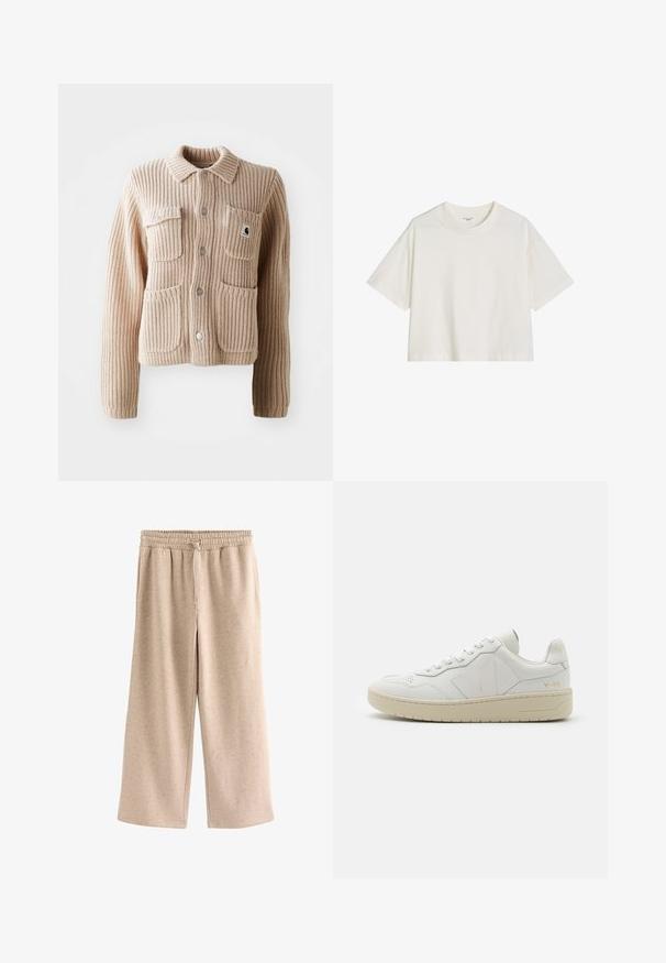Beige geribbelde gebreide jas met een kraag, twee borstzakken en zilveren knopen. Heeft een gestructureerde stof en een logo patch op de zak.; Effen wit kort mouw cropped t-shirt met ronde halslijn en ontspannen pasvorm, getoond op een witte achtergrond.; Beige broek met wijde pijpen, een elastische tailleband en een koordje, gemaakt van een zachte, gevlekte stof.; Witte leren sneakers met geperforeerde teendoos, contrasterende beige rubberen zool en logo-accenten op de zijkant en hiel. Minimalistisch ontwerp.