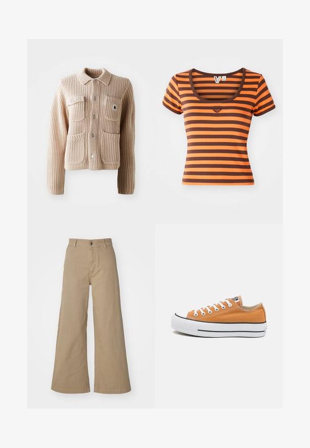 Chaqueta de punto acanalado beige con cuello con solapas, dos bolsillos en el pecho y botones plateados. Presenta un tejido texturizado y un parche con el logotipo en el bolsillo.; Camiseta a rayas con tonos naranjas y marrones, confeccionada en tejido acanalado. Presenta un cuello redondeado y mangas cortas, con un logo de corazón en el pecho.; Pantalones de pierna ancha color caqui, fabricados en algodón, con cierre de botón frontal, lazos para cinturón y una textura suave y mate en toda su superficie.; Zapatilla baja de lona naranja con cordones blancos y capuchón de goma en la punta. Presenta una franja negra en la suela y una etiqueta de logo en la lengüeta.