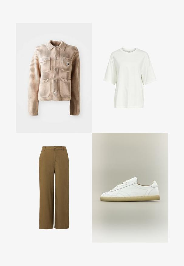 Chaqueta de punto acanalado beige con cuello con solapas, dos bolsillos en el pecho y botones plateados. Presenta un tejido texturizado y un parche con el logotipo en el bolsillo.; Camiseta blanca lisa de manga corta y corte oversized con cuello redondo y una pequeña etiqueta en el interior del cuello.; Pantalones de pierna ancha marrones, fabricados con una mezcla de algodón texturizado, que cuentan con un cierre frontal de botón y un diseño de cintura estándar.; Zapatilla de piel blanca de corte bajo con suela beige, diseño con cordones y patrones sutiles cosidos sobre fondo neutro.