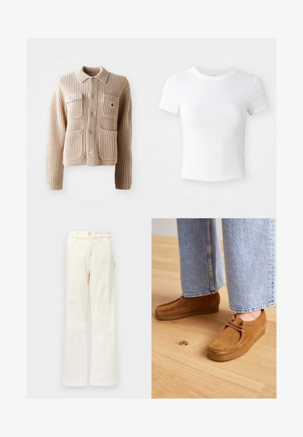 Beige ribbet strikjakke med krave, to brystlommer og sølvknapper. Har struktureret stof og et logo-patch på lommen.; Simpel hvid kortærmet cropped t-shirt med rund halsudskæring, præsenteret på en neutral lys baggrund.; Good American GOOD 90S CARPENTER - Wide leg - white denim; Brune ruskindsko med en rund tå og tanfarvet gummisål, der har et simpelt snørebåndsdesign, parret med lyseblå denimbukser.