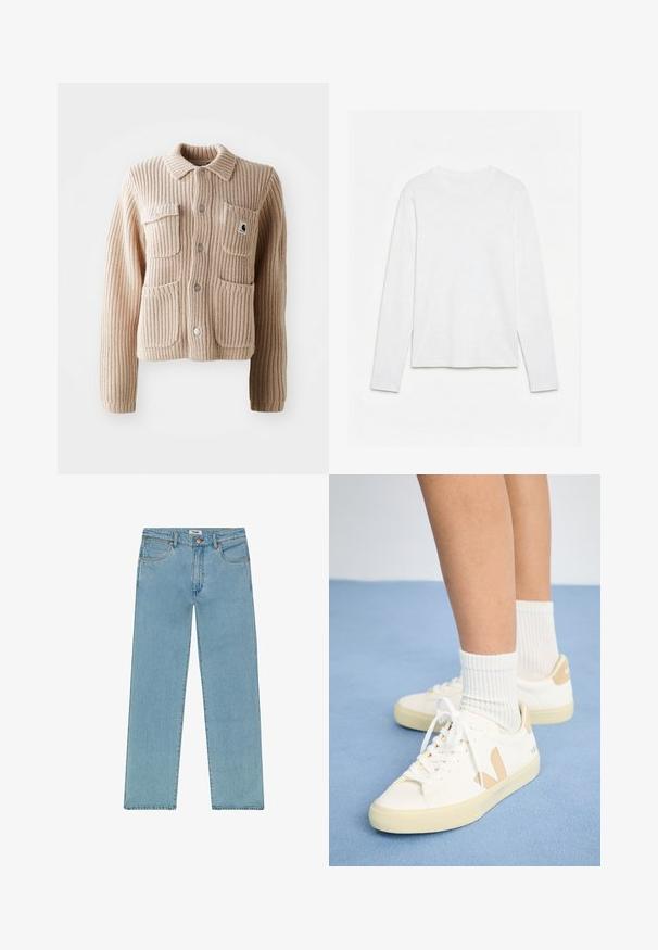 Veste en tricot côtelé beige avec un col, deux poches poitrine et des boutons argentés. Présente un tissu texturé et un patch logo sur la poche.; T-shirt blanc uni à manches longues et col rond, posé à plat sur une surface blanche, montrant l'avant et la longueur complète des manches.; Wrangler SUNSET - Jean droit - light stone; Baskets blanches avec des accents beige, bout rond et lacets blancs. Portées avec des chaussettes blanches côtelées, sur un fond bleu clair.