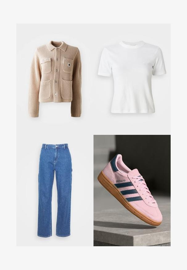Beige geribbelde gebreide jas met een kraag, twee borstzakken en zilveren knopen. Heeft een gestructureerde stof en een logo patch op de zak.; Witte gestreepte t-shirt met korte mouwen, een ronde halslijn en een klein logo op de borst. Gemaakt van zachte stof met een getailleerd ontwerp.; Blauwe denim hoge taillebroek met een rechte pijpdesign, voorzien van een sluiting met een knoop aan de voorkant en zijzakken. Een gladde textuur en geen zichtbare patronen.; Lichtroze suède sneaker met marineblauwe drie strepen, rubberen zool en lichtroze veters. Heeft het "SPEZIAL"-logo aan de zijkant.