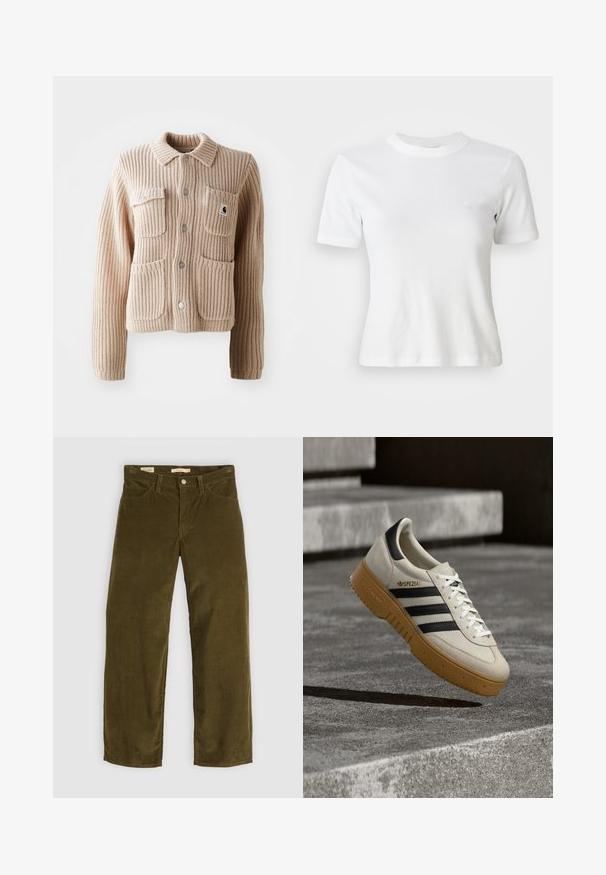 Beige geripptes Strickjacke mit Kragen, zwei Brusttaschen und silbernen Knöpfen. Sie hat einen strukturierten Stoff und einen Logo-Patch auf der Tasche.; Weiße, gerippte Kurzarm-T-Shirt mit Rundhalsausschnitt und kleinem Logo auf der Brust. Aus weichem Stoff gefertigt mit taillierter Passform.; Olivgrüne Cordhosen mit geradem Bein, die über Fronttaschen und einen Knopfverschluss verfügen und eine vertikale Rippstruktur aufweisen.; Beige Wildleder-Sneaker mit schwarzen Streifen, weißen Schnürsenkeln und einer Gummisohle in Karamellfarbe. Mit "SPEZIAL" Schriftzug an der Seite.