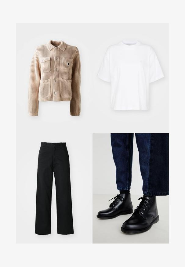 Beige geribbelde gebreide jas met een kraag, twee borstzakken en zilveren knopen. Heeft een gestructureerde stof en een logo patch op de zak.; Witte katoenen t-shirt met een ronde hals, korte mouwen en een ontspannen pasvorm. Heeft een subtiel logo op het linkerborstgedeelte. Zachte textuur.; Zwarte wijde broek met een vlakke voorkant, knoopsluiting en riemlussen. Gemaakt van stevige stof met een gladde textuur.; Zwarte leren enkellaarzen met ronde neuzen, een vetersluiting, zilveren veteroogjes en getextureerde zolen, gecombineerd met donkerblauwe spijkerbroeken.