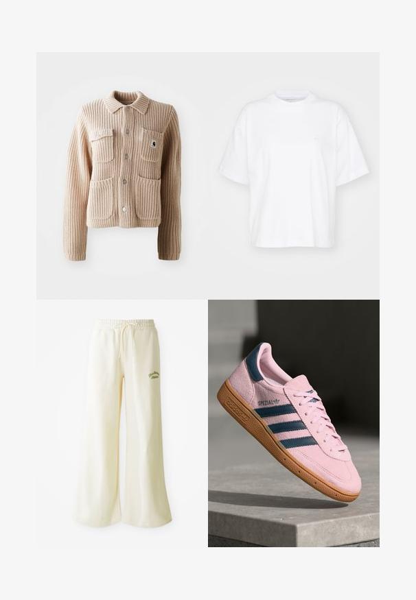 Chaqueta de punto acanalado beige con cuello con solapas, dos bolsillos en el pecho y botones plateados. Presenta un tejido texturizado y un parche con el logotipo en el bolsillo.; Camiseta de algodón blanca con cuello redondo, mangas cortas y un corte relajado. Presenta un logo sutil en el área del pecho izquierdo. Textura suave.; Pantalones de chándal anchos color crema con cintura elástica y cordón ajustable. Texto bordado en verde "Athletic" en la parte frontal. Tejido suave.; Zapatilla deportiva de ante rosa claro con tres franjas azul marino, suela de goma y cordones rosa claro. Presenta la marca "SPEZIAL" en el lateral.