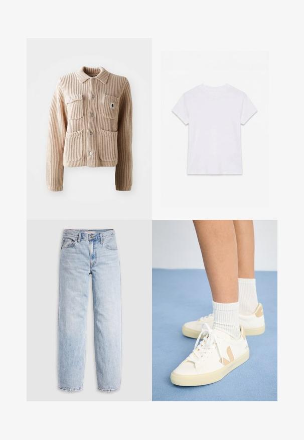 Beige ribbet strikjakke med krave, to brystlommer og sølvknapper. Har struktureret stof og et logo-patch på lommen.; Hvid kortærmet t-shirt i bomuld med rund hals, lagt fladt på en hvid baggrund.; Lyseblå denimjeans med høj talje, afslappet pasform, lige ben og et klassisk design med fem lommer. Synlige falmede detaljer og syninger.; Hvide sneakers med brune detaljer, rund tå og hvide snørebånd. Båret sammen med ribbede hvide strømper, sat mod en lys blå baggrund.
