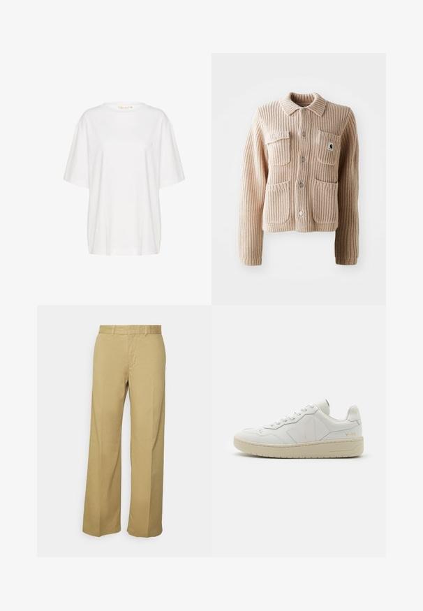 Chaqueta de punto acanalado beige con cuello con solapas, dos bolsillos en el pecho y botones plateados. Presenta un tejido texturizado y un parche con el logotipo en el bolsillo.; Camiseta de manga corta blanca, confeccionada en algodón suave. Presenta un escote redondo y un discreto detalle de logo en el lado izquierdo del pecho. Diseño de corte recto.; Pantalones anchos de color caqui, confeccionados con una mezcla ligera de algodón, que cuentan con una cremallera y presillas para cinturón. Textura suave con un acabado limpio.; Zapatillas de cuero blancas con puntera perforada, suela de goma beige en contraste y acentos de logo en el lateral y el talón. Diseño minimalista.