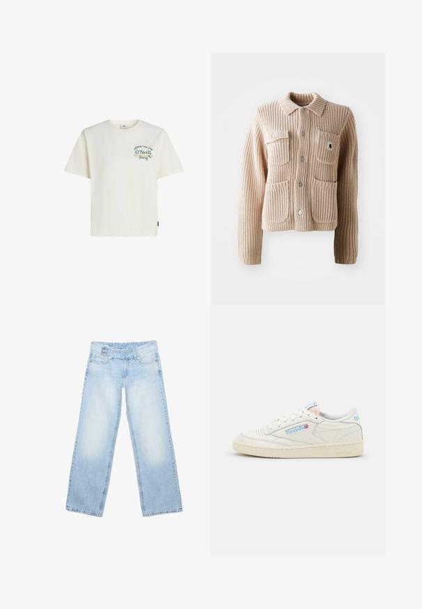 Veste en tricot côtelé beige avec un col, deux poches poitrine et des boutons argentés. Présente un tissu texturé et un patch logo sur la poche.; T-shirt en coton crème clair avec un col rond, des manches courtes, et un motif texte couleur sarcelle avec les accents "UNDER THE SUN" et "O’Neill Surf".; Jean bleu clair droit avec taille haute, fermeture bouton et zip, poches avant et arrière, et zones délavées sur les cuisses.; Baskets Reebok en cuir blanc cassé avec des accents bleu clair. Présentent une pointe perforée, des lacets plats et une semelle en caoutchouc texturé.