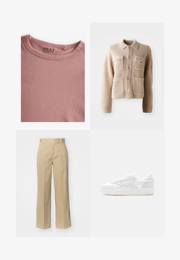 Chaqueta de punto acanalado beige con cuello con solapas, dos bolsillos en el pecho y botones plateados. Presenta un tejido texturizado y un parche con el logotipo en el bolsillo.; Camiseta de manga larga en color rosa polvoriento, hecha de algodón suave, con un sencillo cuello redondo y una textura lisa. La etiqueta dice "NEXT."; Pantalones de pierna ancha en color beige, confeccionados en algodón, con pasadores para cinturón, cierre de cremallera y Costuras en contraste a lo largo de las costuras.; Zapatilla blanca de perfil bajo de Reebok con superposiciones de ante, diseño con cordones y suela de goma texturizada sobre un fondo claro y simple.