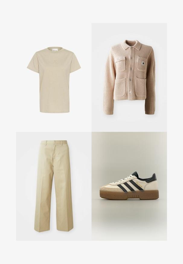 Beige ribbet strikjakke med krave, to brystlommer og sølvknapper. Har struktureret stof og et logo-patch på lommen.; Lys beige T-shirt med korte ærmer lavet af blødt stof. Den har en rund hals og et diskret præget logo på brystet.; Beige vide bukser lavet af bomuld med en glat tekstur. Har en lige pasform, bæltestropper og skrå lommer.; Hvid Adidas sneaker med sorte striber, beige ruskindstå, brun sål og "SPEZIAL" i guldskrift på siden.
