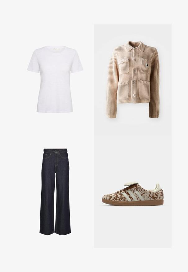 Beige geripptes Strickjacke mit Kragen, zwei Brusttaschen und silbernen Knöpfen. Sie hat einen strukturierten Stoff und einen Logo-Patch auf der Tasche.; Weißes T-Shirt mit kurzen Ärmeln aus weichem, leichtem Stoff. Hat einen runden Ausschnitt und eine glatte Textur mit einem leichten Glanz.; Hoch taillierte weite Jeans in dunklem Denim. Mit klassischem Steppdesign, fünf Taschen und einem Knopfverschluss vorne.; Sneaker mit einem beigefarbenen und braun gesprenkelten Muster, mit drei weißen Streifen, einem Klettverschluss und einer braunen Gummisohle.