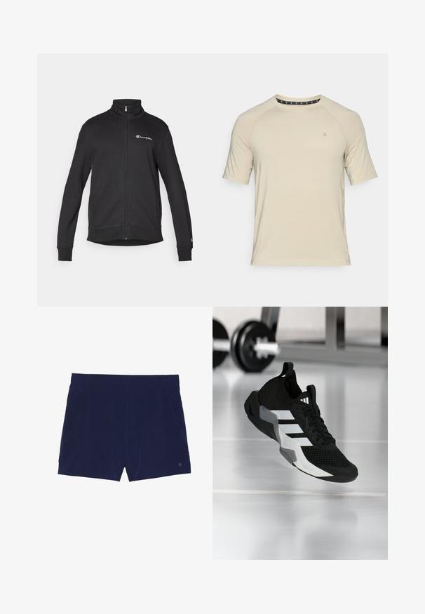 Zwarte jas met rits en hoge kraag met wit Champion-logo op de borst en klein logo op de linker mouwmanchet.; Beige T-shirt met korte mouwen van gladde stof. Heeft een ronde halslijn en een subtiele logo op de borst, met een gestroomlijnd ontwerp en zonder patronen.; Marineblauwe zwemboxers van lichtgewicht stof, met een elastische tailleband en twee zijzakken voor opbergruimte.; Zwart sportief schoen met een mesh bovenwerk, witte strepen en grijze accenten. Voorzien van een gevoerde kraag en een rubberen zool. Geschikt voor gebruik in de sportschool.