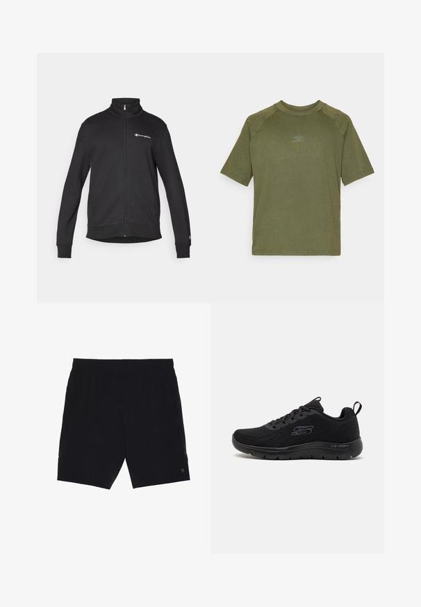 Veste noire zippée avec col montant, logo blanc Champion sur la poitrine et petit logo sur le bas de la manche gauche.; T-shirt vert olive à manches courtes en coton, avec un col rond et un petit logo gris au centre de la poitrine. Texture lisse.; Shorts noirs en tissu léger, avec une taille élastique, deux poches latérales et un petit logo en bas à droite.; Baskets de sport noires avec une tige en maille texturée, un design à lacets, un talon moulé et une semelle légère arborant une étiquette "LITE-WEIGHT" sur le côté.