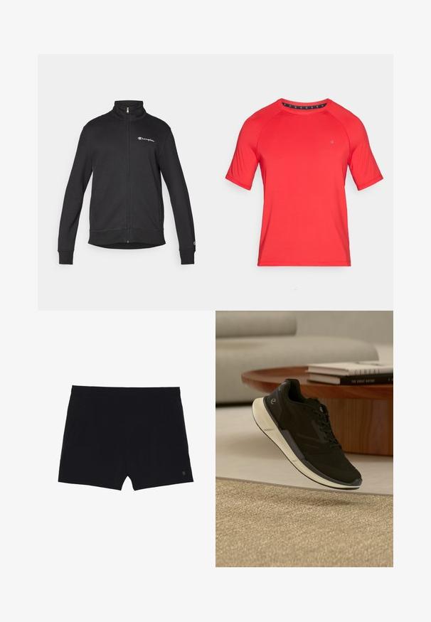 Veste noire zippée avec col montant, logo blanc Champion sur la poitrine et petit logo sur le bas de la manche gauche.; T-shirt de sport rouge à manches courtes avec un col rond, présentant des manches raglan et un petit logo sur le devant.; Shorts de sport noirs avec une texture lisse, une taille élastique et deux poches latérales. Présente un petit logo sur le bas à droite.; Baskets de sport noires avec semelle blanche flottant au-dessus d'un tapis beige, table ronde en bois avec des livres empilés en arrière-plan dans un salon moderne.