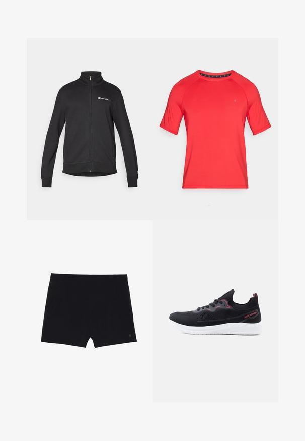 Veste noire zippée avec col montant, logo blanc Champion sur la poitrine et petit logo sur le bas de la manche gauche.; T-shirt de sport rouge à manches courtes avec un col rond, présentant des manches raglan et un petit logo sur le devant.; Shorts de sport noirs avec une texture lisse, une taille élastique et deux poches latérales. Présente un petit logo sur le bas à droite.; Baskets de sport noires en tricot avec semelle blanche, accents rouges, lacets, et marquage "JACK & JONES" sur le côté talon.