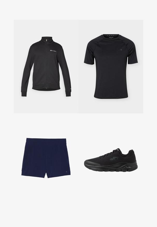 Sort lynlåstrøje med høj krave med hvid Champion-logo på brystet og lille logo på venstre ærmekant.; Sort sport T-shirt med korte ærmer og rund halsudskæring med lille logo på venstre bryst, vist på ensartet lyst baggrund.; Marineblå svøm shorts lavet af letvægtsstof, med elastisk talje og to sidelommer til opbevaring.; Sort atletik sko med et åndbart mesh-overdel, polstret sål og "ArchFit" branding på siden. Teksturerede ydersåler for bedre greb.