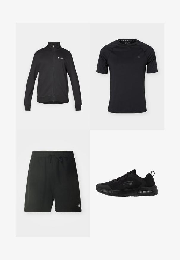 Zwarte jas met rits en hoge kraag met wit Champion-logo op de borst en klein logo op de linker mouwmanchet.; Zwart sport T-shirt met korte mouwen en een ronde hals met klein logo op de linkerborst, weergegeven op een effen lichte achtergrond.; Zwarte katoenen sportshorts met een elastische tailleband, verstelbaar trekkoord en logodetail op het linkeronderbeen. Glad textuur.; Zwarte sportieve schoenen met een ademend mesh-bovenwerk, gestructureerde accenten, een gevoerde middenzool en een zichtbare luchtunit in de zool voor comfort.