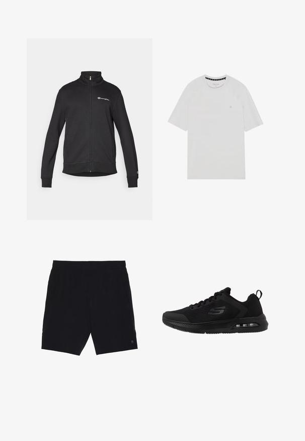 Sort lynlåstrøje med høj krave med hvid Champion-logo på brystet og lille logo på venstre ærmekant.; Hvid kortærmet t-shirt med rund hals, med raglanærmer, et diskret logo på brystet og kontrasterende halskant.; Sorte shorts lavet af letvægtsstof, med elastisk talje, to sidelommer og et lille logo på nederste højre side.; Sorte sportsko med en åndbar mesh-overdel, teksturerede detaljer, polstret mellemsål og en synlig luftenhed i sålen for komfort.