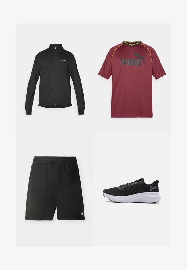 Schwarze Zip-Up-Jacke mit hohem Kragen, weißem Champion-Logo auf der Brust und kleinem Logo am linken Ärmelbündchen.; Maroon Sporttrikot aus atmungsaktivem Material, mit kurzen Ärmeln, V-Ausschnitt, schwarzem Puma-Logo und gelben Akzenten entlang des Ausschnitts.; Schwarze Baumwoll-Sportshorts mit elastischem Bund, verstellbarem Kordelzug und Logodetail am unteren linken Bein. Glatte Textur.; Schwarzer Sportschuh mit einem Obermaterial aus Mesh, gepolstertem Kragen und einer weißen Zwischensohle. Verfügt über eine strukturierte Sohle und ein Logo-Element an der Seite.