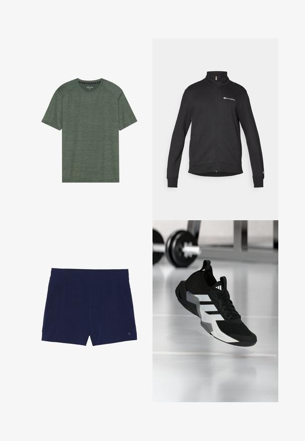 Zwarte jas met rits en hoge kraag met wit Champion-logo op de borst en klein logo op de linker mouwmanchet.; Groene t-shirt met korte mouwen, gemaakt van een gestructureerde stof. Heeft een ronde halslijn en iets verhoogde schoudernaden. Geen zichtbare patronen of accenten.; Marineblauwe zwemboxers van lichtgewicht stof, met een elastische tailleband en twee zijzakken voor opbergruimte.; Zwart sportief schoen met een mesh bovenwerk, witte strepen en grijze accenten. Voorzien van een gevoerde kraag en een rubberen zool. Geschikt voor gebruik in de sportschool.