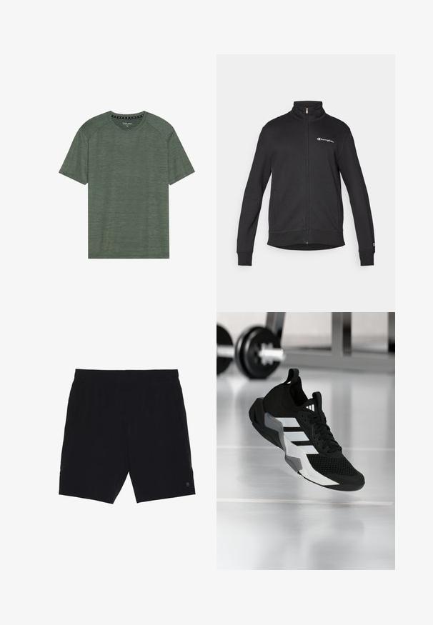 Sort lynlåstrøje med høj krave med hvid Champion-logo på brystet og lille logo på venstre ærmekant.; Grøn kortærmet t-shirt lavet af tekstureret stof. Har en rund halsudskæring og let hævede skuldersømme. Ingen synlige mønstre eller accenter.; Sorte shorts lavet af letvægtsstof, med elastisk talje, to sidelommer og et lille logo på nederste højre side.; Sort atletiksko med en mesh-øverdel, hvide striber og grå accenter. Har polstret krave og gummisål. Velegnet til brug i fitnesscenter.