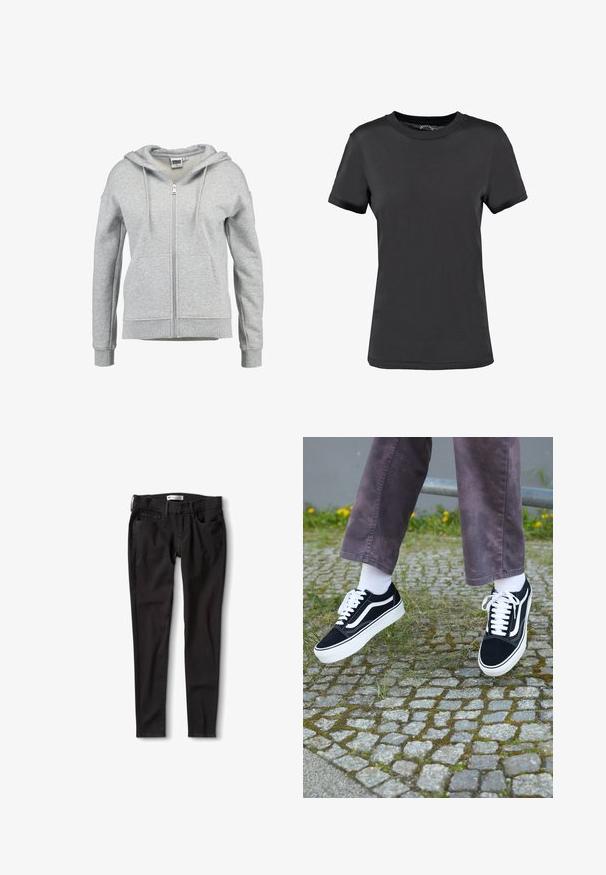 Lichtgrijze hoodie met rits, voorzakken, capuchon met trekkoord en geribde boorden en zoom, afgebeeld op een witte achtergrond.; Zwarte korte mouwen t-shirt gemaakt van een gladde stof. Heeft een ronde hals zonder zichtbare patronen of accenten, wat zorgt voor een eenvoudig ontwerp.; Zwarte denim jeans met een rechte pasvorm, voorzien van een standaard tailleband, riemlussen en twee voorzakken. Glad textuur, minimale hardware.; Zwarte suède sneakers met witte accenten, met een ronde neus, dikke witte zool en klassieke vetersluiting, gedragen met witte sokken en paarse broek.