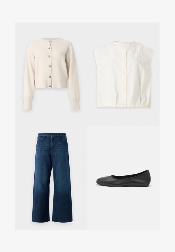 Cárdigan de manga larga color crema con cuello redondo y seis botones plateados en la parte delantera, hecho de tejido de punto suave.; Blusa blanca de manga corta con cuello redondo y cierre de botones en la parte delantera, colocada plana sobre un fondo gris claro.; Jeans de mezclilla azul oscuro de pierna ancha con botón frontal, pasadores para cinturón y diseño clásico de cinco bolsillos sobre fondo liso.; Bailarina de piel negra con punta redondeada, textura suave, detalle de costura minimalista y diseño de suela flexible.
