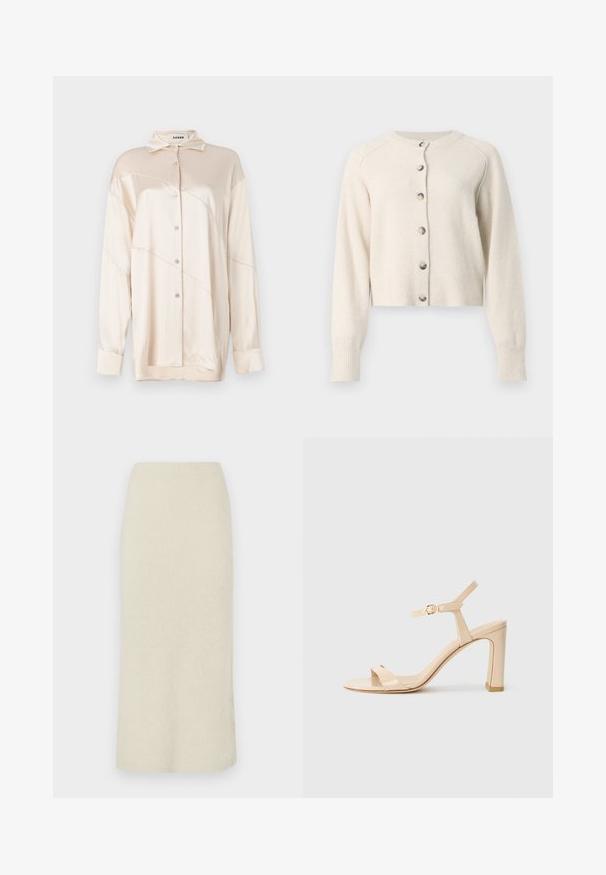 Cremefarbener Langarmcardigan mit rundem Ausschnitt und sechs silbernen Knöpfen vorne, aus weichem Strickstoff gefertigt.; AERON ABIGAIL SHIRT - Hemdbluse - silver; Heller, knielanger Bleistiftrock in Creme mit weichem, strukturiertem Stoff und hoher Taille.; Beige High-Heel-Sandale mit Knöchelriemen und goldener Schnalle, offene Zehen und Blockabsatz auf weißem Hintergrund.